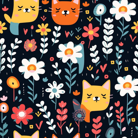 Catnip Bloom Whimsical Tabby Cat Pattern 7 Quilting Cotton Fabric