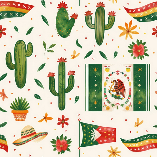 Festive pattern with cacti, flowers, sombreros, and Mexican flags, featuring the Mexican coat of arms.