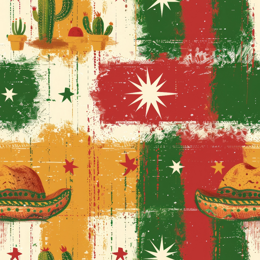 Colorful pattern with green, red, and yellow stripes, white stars, cacti, and sombreros on a textured background.