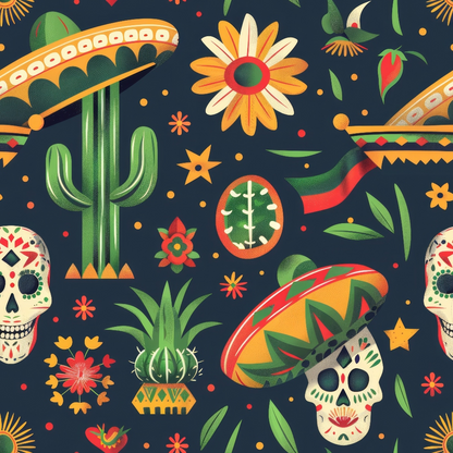 Colorful Mexican-themed pattern featuring sombreros, skulls, cacti, flowers, and chili peppers on a dark background.