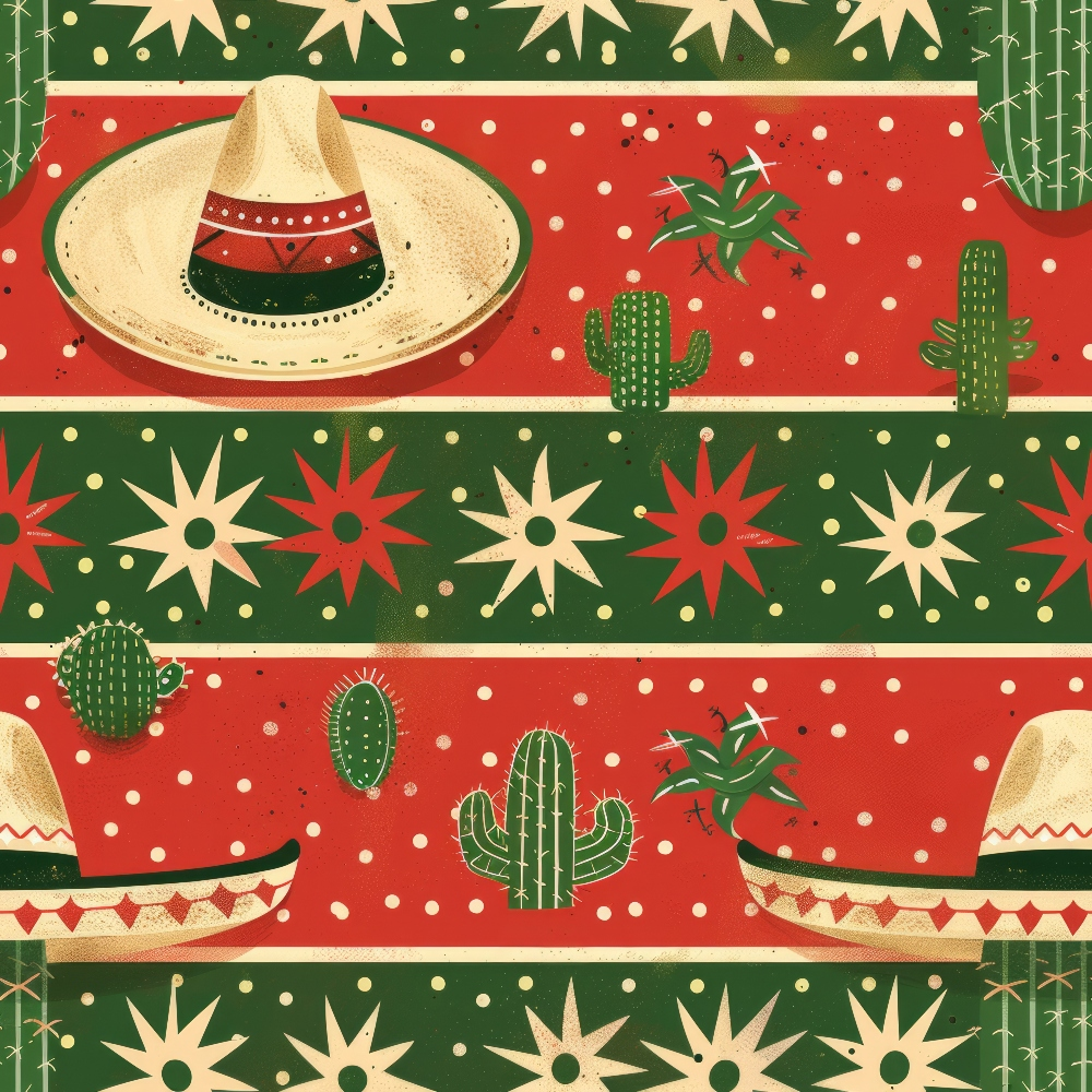 Patterned design with sombreros, cacti, and stars on red and green stripes. Mexican-themed festive decoration.