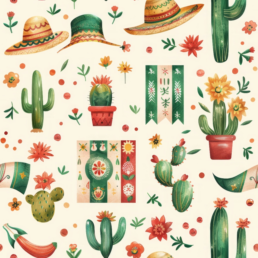 Colorful Mexican-themed pattern with sombreros, cacti, flowers, and decorative elements on a light background.