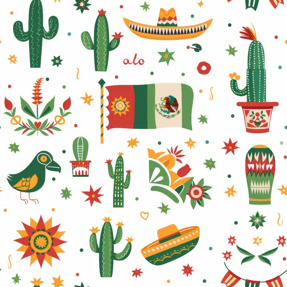 Mexican-themed pattern with cacti, sombreros, flag, bird, maracas, and stars on a white background.