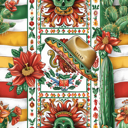 Colorful Mexican-themed illustration featuring a sombrero, vibrant flowers, cacti, a skull, and intricate patterns with a striped background.