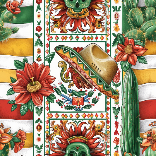 Colorful Mexican-themed illustration featuring a sombrero, vibrant flowers, cacti, a skull, and intricate patterns with a striped background.