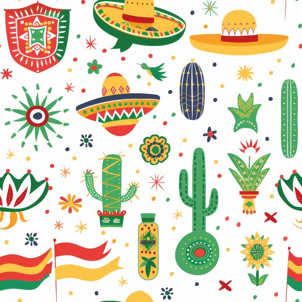 Colorful Mexican-themed pattern with sombreros, cacti, maracas, a sun, chili peppers, and decorative elements on a white background.