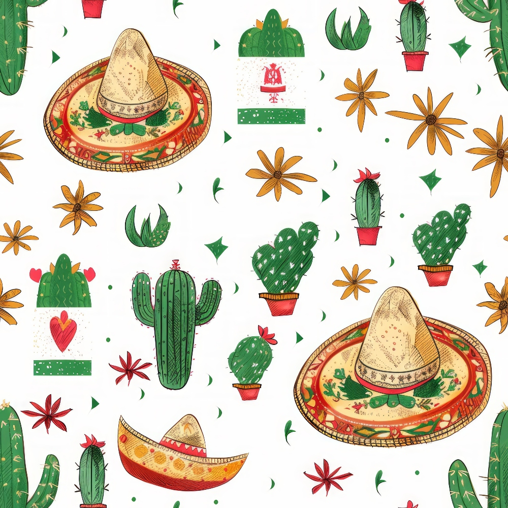 Illustration of sombreros, cacti, and decorative flowers on a white background, arranged in a festive pattern.