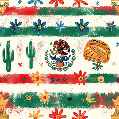 Colorful pattern featuring Mexican flag elements, cacti, sombrero, floral designs, and an illustrated eagle on a cactus with a snake, on a weathered background.