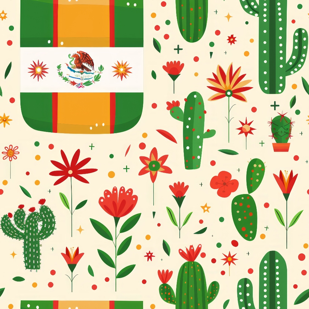 Mexican-themed illustration featuring a Mexican flag, green cacti, and red flowers on a light background.