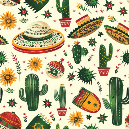 Pattern featuring cacti, sombreros, maracas, and flowers in green, red, and yellow on a cream background.