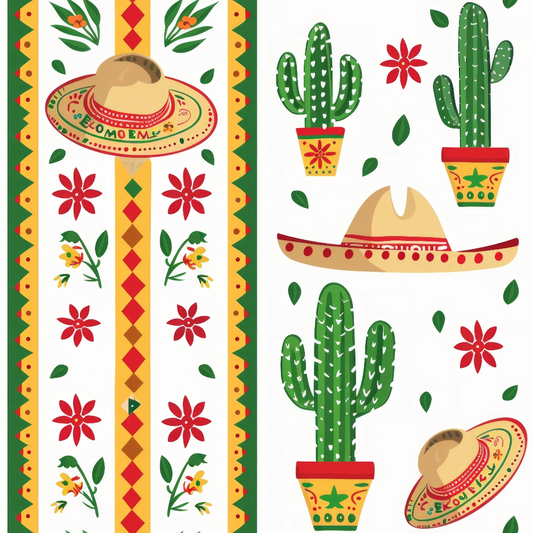 Colorful pattern featuring sombreros, potted cacti, and floral designs, with vertical stripes in red, yellow, and green accents.