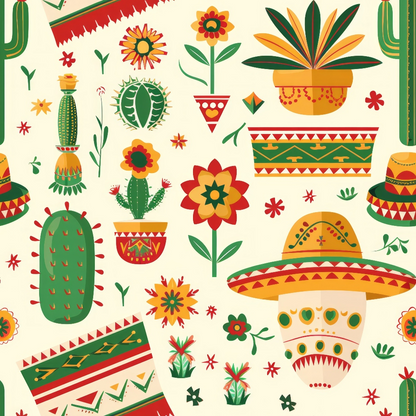 Pattern featuring cacti, sombreros, flowers, and geometric designs in red, green, and yellow on a cream background.