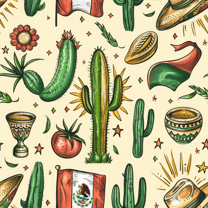 A pattern of Mexican-themed illustrations featuring cacti, a Mexican flag, a sombrero, a tomato, maracas, and various decorative elements on a light background.