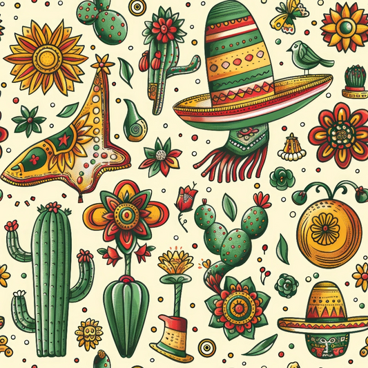 Illustration featuring colorful cacti, flowers, sombreros, and a bird, with vibrant patterns in green, red, and yellow tones on a light background.