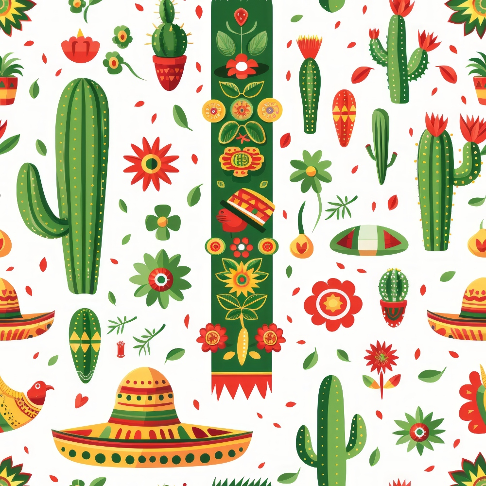 Colorful pattern of cacti, sombreros, flowers, and peppers on a white background, featuring red, green, and yellow hues.