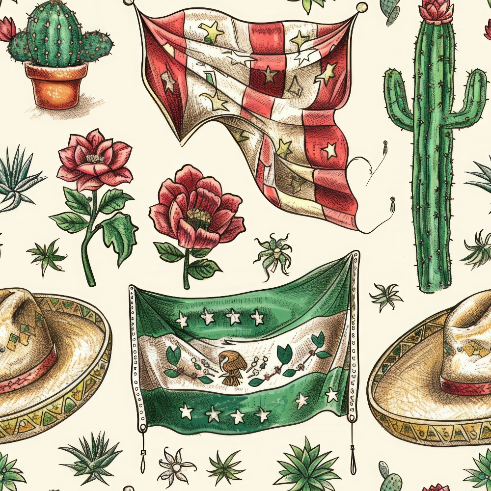 mexican flag, sombrero hats, green cactus, red flowers, desert plants, southwestern motifs, patriotic symbols, stars and stripes, botanical elements, terracotta pots, quilting cotton, fabric panel, red white green, vintage illustration, cultural celebration, desert theme, succulent plants, decorative banners, mexican heritage, folk art style