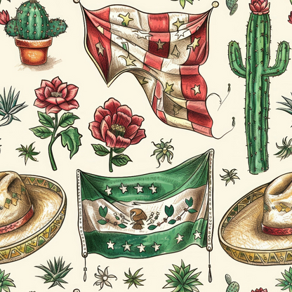 mexican flag, sombrero hats, green cactus, red flowers, desert plants, southwestern motifs, patriotic symbols, stars and stripes, botanical elements, terracotta pots, quilting cotton, fabric panel, red white green, vintage illustration, cultural celebration, desert theme, succulent plants, decorative banners, mexican heritage, folk art style