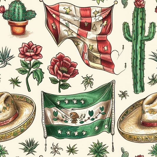 Pattern with cacti, flowers, sombreros, and flags. Includes a red-and-white flag with stars, a green-and-white flag with stars and an eagle, and various plants on a light background.