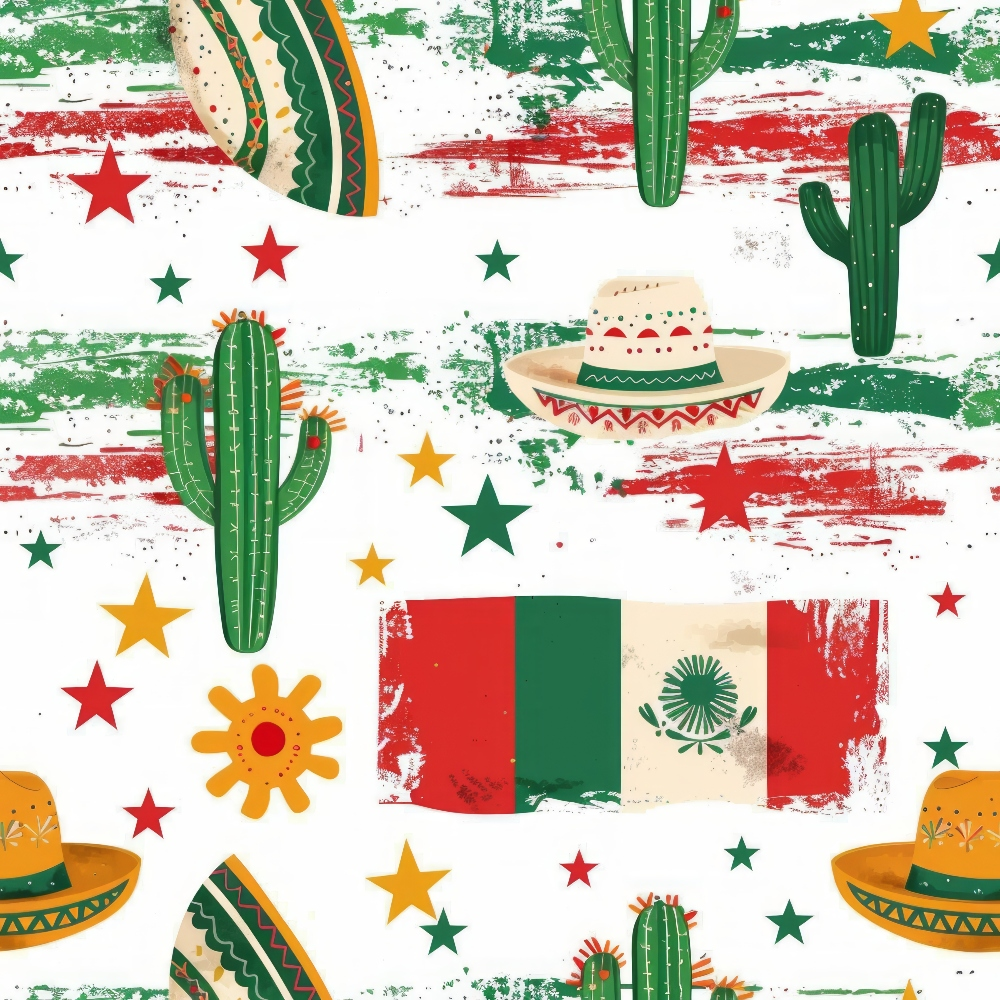 Pattern featuring Mexican flags, cacti, sombreros, and stars in green, red, and yellow on a textured background.