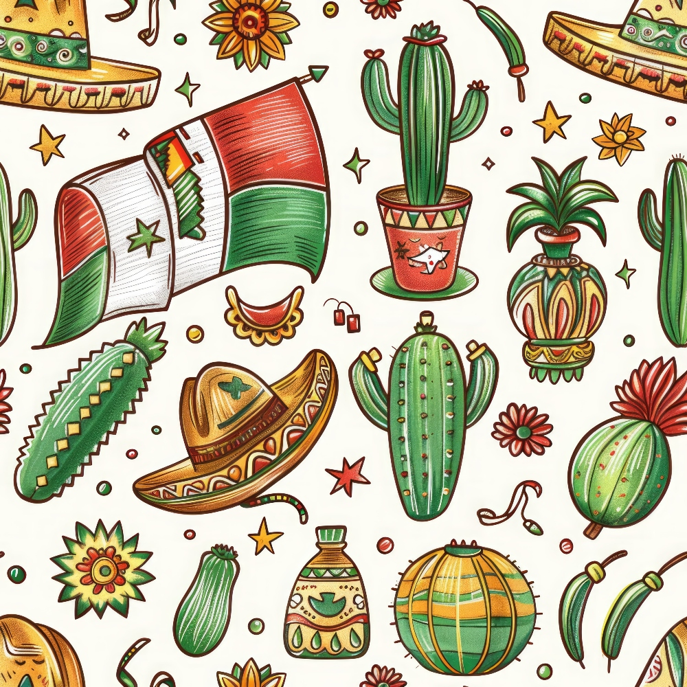 Illustration featuring Mexican-themed elements like sombreros, cacti, the Mexican flag, maracas, and decorated pottery in a repeating pattern.