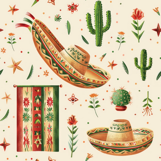 Illustration of two sombreros, cacti, flowers, stars, and a decorative rug with Mexican motifs on a light background.