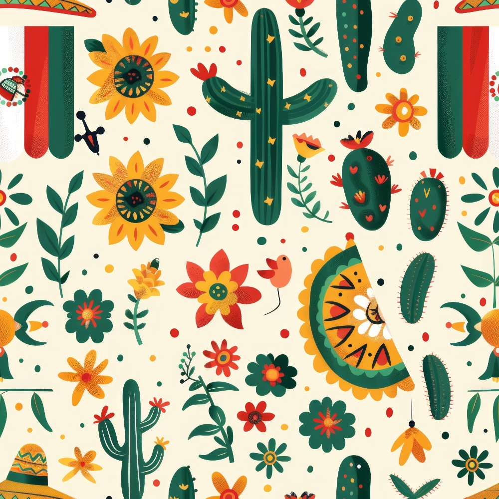 Colorful pattern of cacti, sunflowers, and traditional Mexican motifs on a light background.