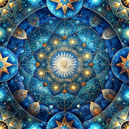 celestial mandala, deep blue, cosmic pattern, star burst, geometric design, sacred geometry, golden accents, planetary motifs, mystical symbols, quilting cotton, fabric panel, spiritual design, universe theme, radial symmetry, ethereal glow, cosmic blue, celestial bodies, mandala center, intricate details, heavenly pattern