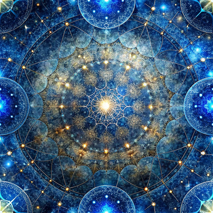 celestial pattern, mandala design, cosmic circles, deep blue, navy blue, golden yellow, starlight effects, geometric shapes, sacred geometry, quilting cotton, fabric panel, mystical artwork, universe theme, radial symmetry, constellation motifs, spiritual design, intricate details, celestial bodies, cosmic energy, meditation inspired