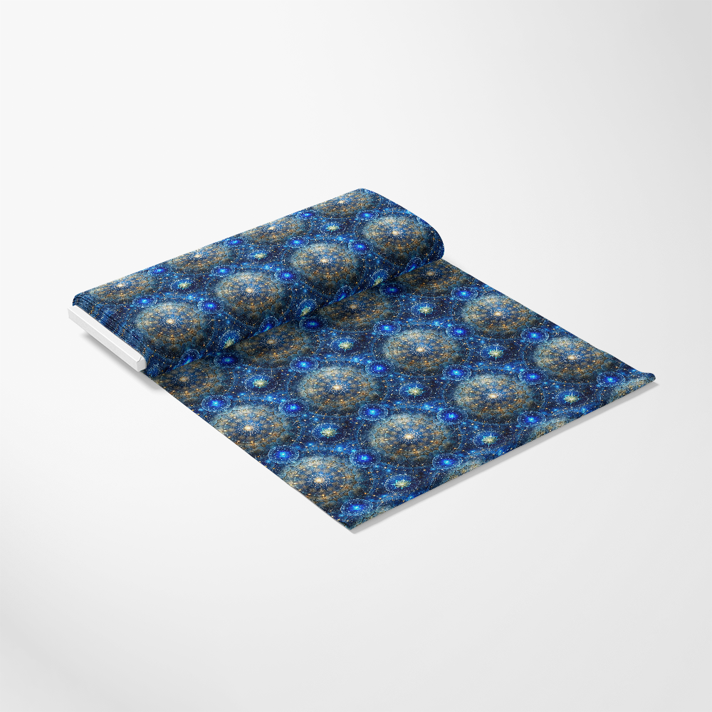 A roll of wrapping paper featuring a repeating blue and gold kaleidoscopic star pattern is unrolled partially on a plain white surface.