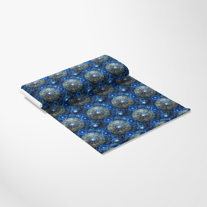 A roll of wrapping paper featuring a repeating blue and gold kaleidoscopic star pattern is unrolled partially on a plain white surface.