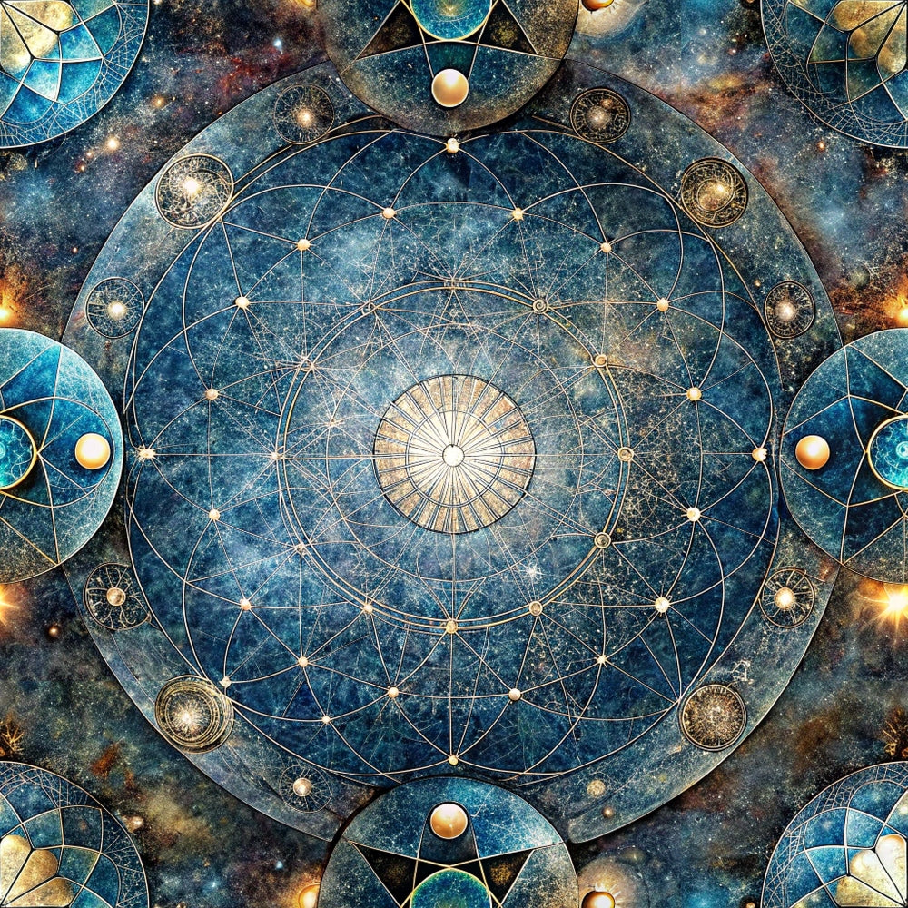 celestial, mandala, geometric patterns, sacred geometry, cosmic, starry sky, deep blue, teal, gold accents, bronze, mystical, spiritual, intricate circles, radiating lines, quilting cotton, fabric panel, astronomical, ethereal, symmetrical design, celestial bodies