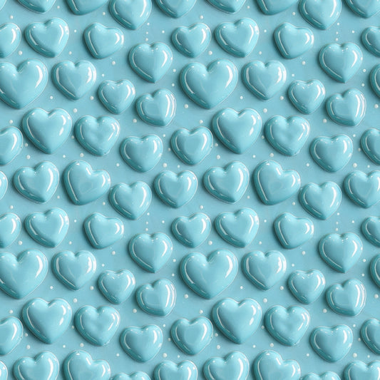 Pattern of glossy light blue heart shapes on a matching blue background with small white dots in between.