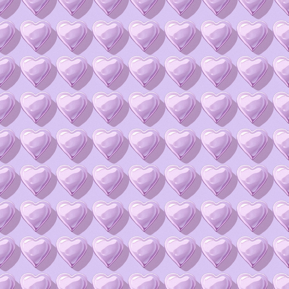 Pattern of shiny purple heart-shaped balloons on a light purple background.