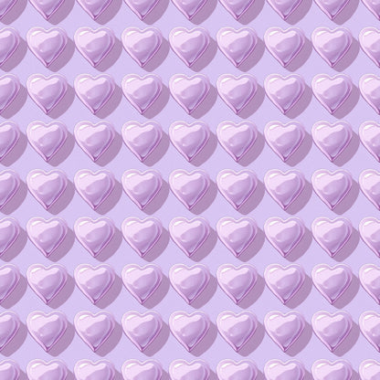 Pattern of shiny purple heart-shaped balloons on a light purple background.