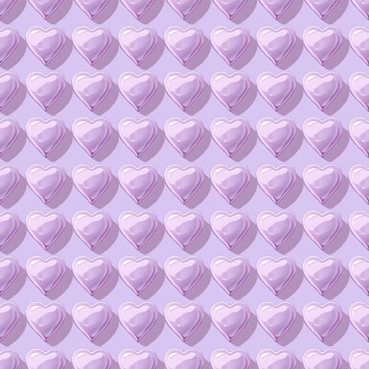 Pattern of shiny purple heart-shaped balloons on a light purple background.