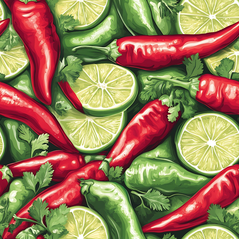 red chili peppers, green jalapeños, lime slices, cilantro leaves, vibrant red, bright green, yellow-green, seamless pattern, mexican cuisine, spicy food, botanical illustration, realistic style, quilting cotton, fabric panel, cooking theme, kitchen motif, fresh herbs, citrus fruits, repeating design, culinary pattern