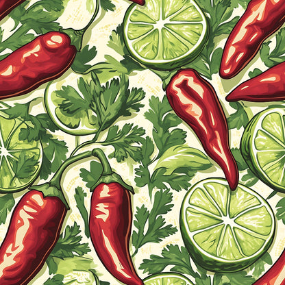 red chili peppers, lime slices, green parsley, cream background, botanical pattern, spicy theme, kitchen motif, vibrant colors, illustrated vegetables, cooking ingredients, quilting cotton, fabric panel, culinary design, fresh herbs, citrus fruits, hand-drawn style, seamless repeat, food illustration, bright green, deep red