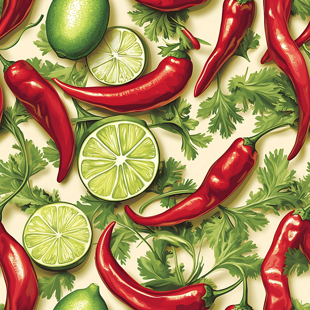red chili peppers, lime slices, green cilantro, botanical illustration, kitchen theme, cooking ingredients, mexican cuisine, spicy peppers, citrus fruits, herb leaves, seamless pattern, vibrant colors, food motifs, culinary design, quilting cotton, fabric panel, detailed artwork, cooking theme, fresh ingredients, green and red