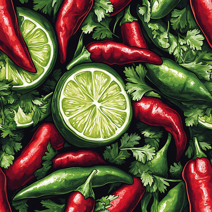 chili peppers, red peppers, green limes, lime slices, cilantro leaves, parsley, vibrant red, bright green, fresh herbs, citrus fruits, spicy vegetables, botanical pattern, food illustration, mexican cuisine, cooking ingredients, quilting cotton, fabric panel, colorful produce, kitchen theme, culinary design