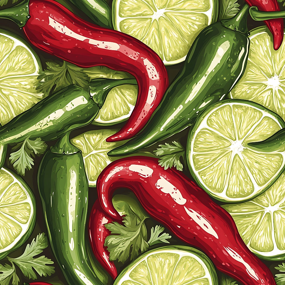 red peppers, green peppers, lime slices, cilantro, bright green, crimson red, yellow-green, botanical pattern, vegetable design, chili peppers, herb leaves, citrus slices, vibrant colors, food illustration, cooking theme, spicy motif, quilting cotton, fabric panel, kitchen garden, fresh produce