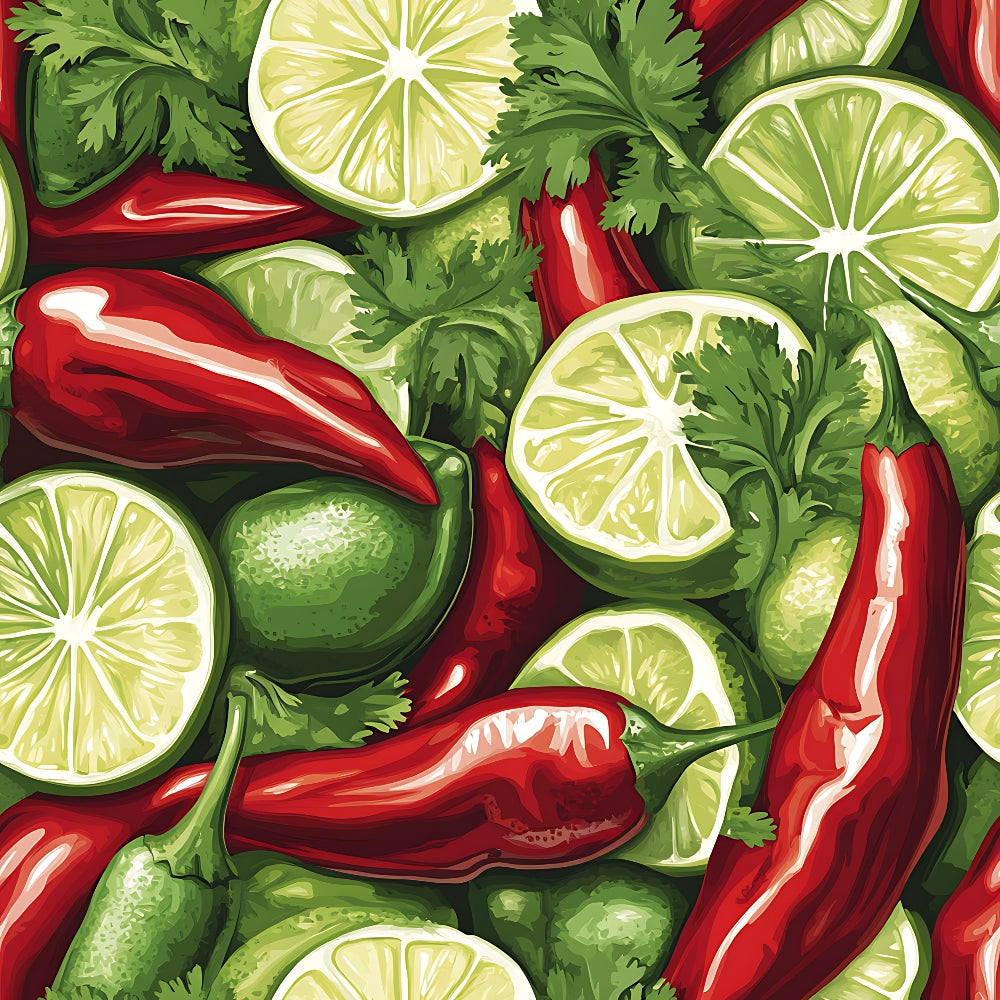 chili peppers, lime slices, cilantro, red peppers, green limes, citrus fruits, fresh herbs, vibrant colors, mexican cuisine, spicy food, botanical illustration, seamless pattern, quilting cotton, fabric panel, cooking ingredients, kitchen theme, food motif, bright green, deep red, tropical colors