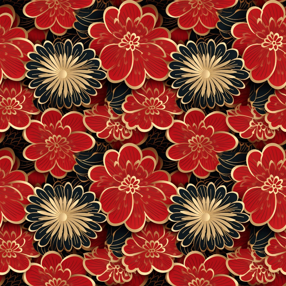 A repeating pattern of stylized red and gold flowers with dark leaves on a black background.