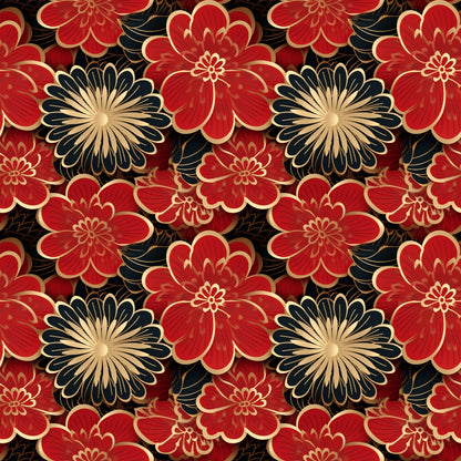 A repeating pattern of stylized red and gold flowers with dark leaves on a black background.