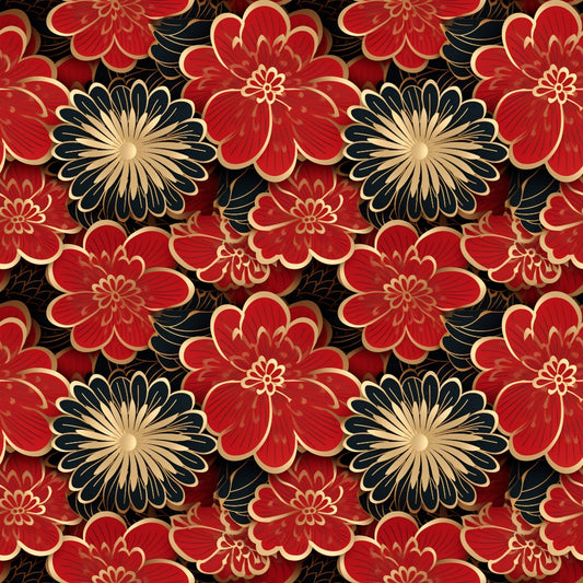 A repeating pattern of stylized red and gold flowers with dark leaves on a black background.