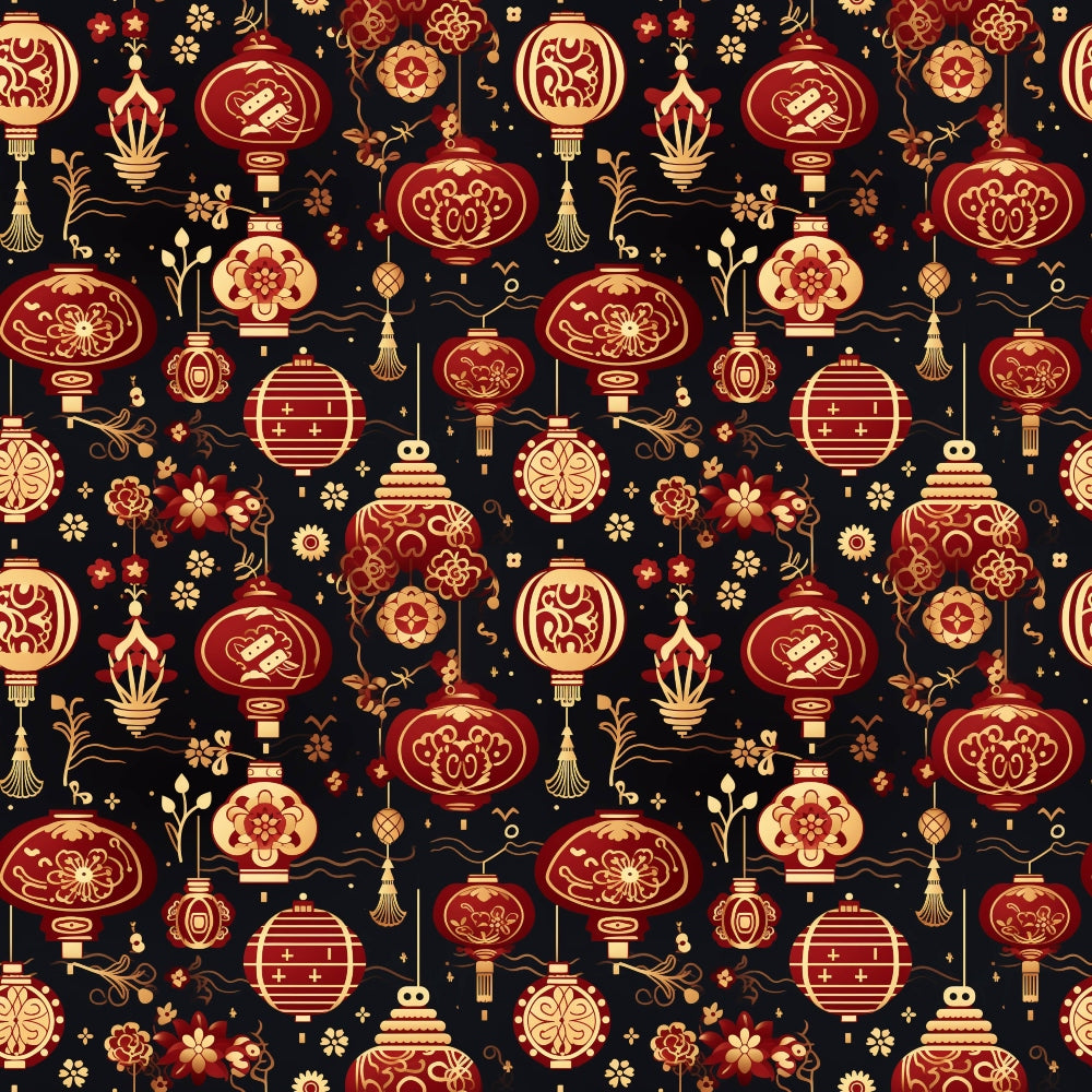 Patterned background featuring red and gold Chinese lanterns, floral motifs, and ornamental designs on a dark backdrop.