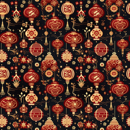 Patterned background featuring red and gold Chinese lanterns, floral motifs, and ornamental designs on a dark backdrop.