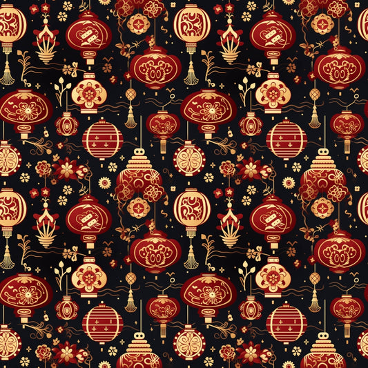 Patterned background featuring red and gold Chinese lanterns, floral motifs, and ornamental designs on a dark backdrop.