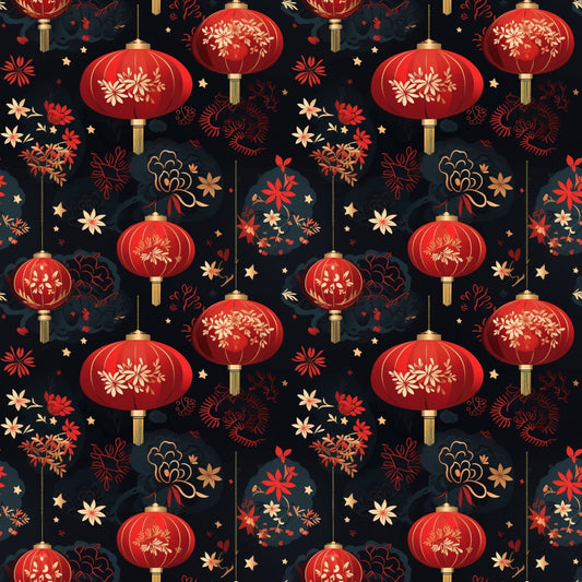 Pattern of red lanterns with floral designs, surrounded by flowers and leaves on a dark background.