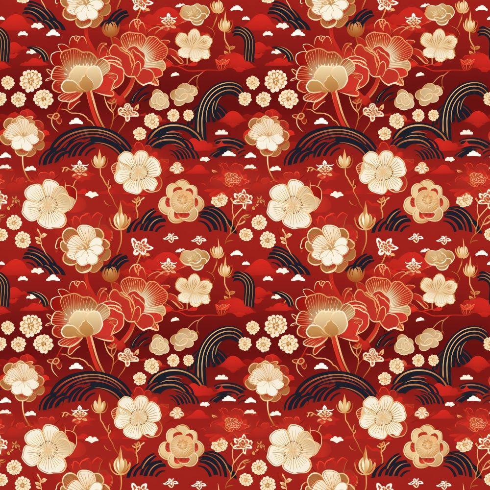 Seamless floral pattern with gold and cream flowers on a red background, featuring various flower types and curved lines.