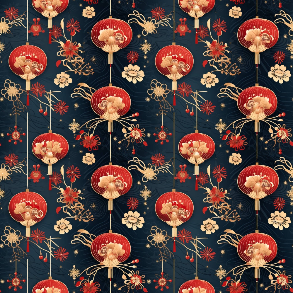 Seamless pattern of floral elements and red lanterns on a dark background, featuring stylized flowers and foliage in gold and red hues.